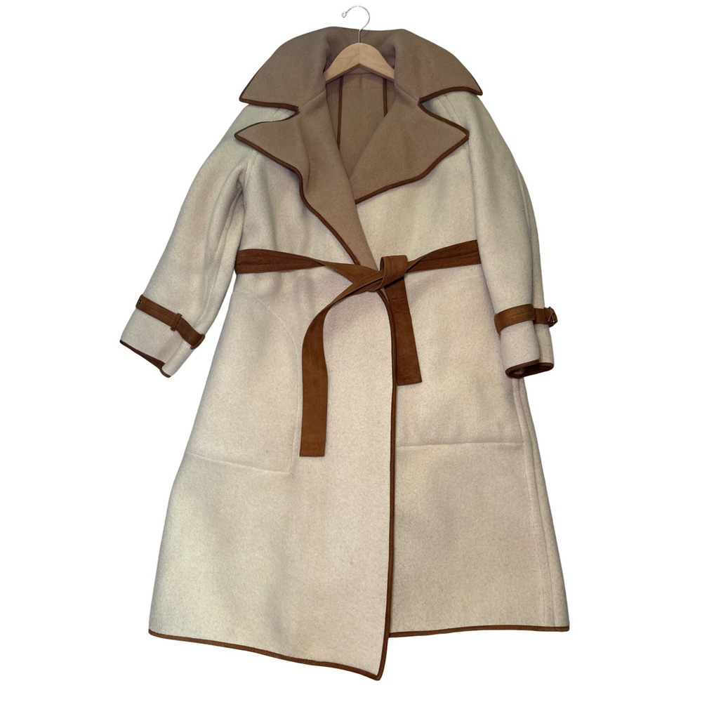 Vintage Cream Wool Blend Wrap Coat Brown Faux Suede Trim Belted Trench Overcoat